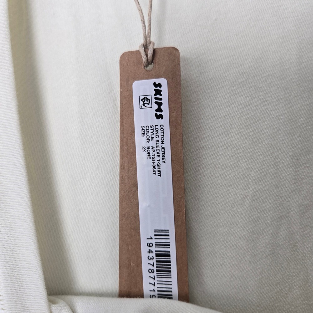 SKIMS Sz 2X Cotton Jersey Long Sleeve T Shirt Color Bone Stretchy Crew Neck - Picture 3 of 8